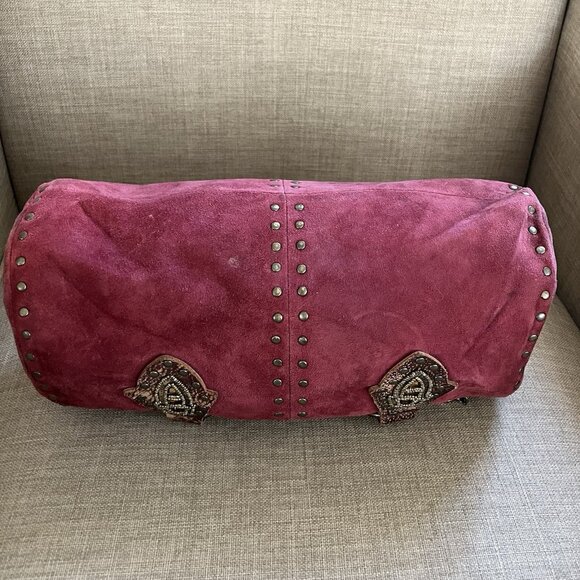 VTG Betsey Johnson Studded Leather Barrel Hobo Red Handbag Purse Y2K Suede - Picture 3 of 16